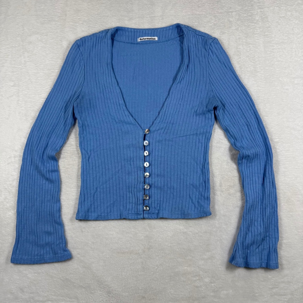 Reformation Ribbed Knit V-Neck Button Front Cardigan Top Size XS Long Sleeve